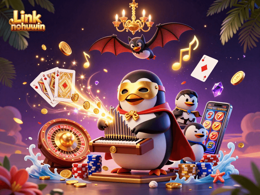 Spin the reels and enjoy wins at Link nohuwin with golden coins and colorful gems flying through an exciting casino scene.