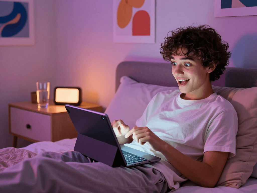 Engaging in an ai sex chat on a tablet in a cozy bedroom, highlighting personal exploration and digital connection.