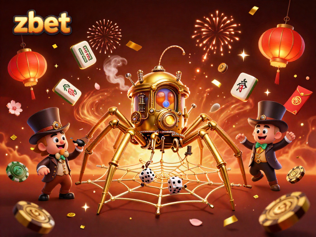 Experience the excitement of zbet with a dynamic illustration of a golden spider and poker elements in a festive casino scene.