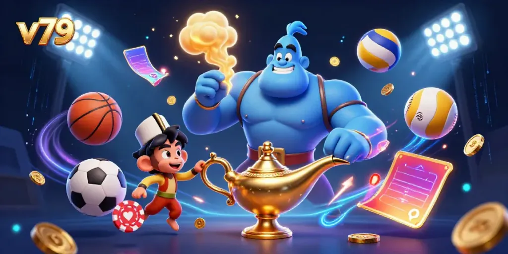 Experience the excitement of v79 with a vibrant casino-themed illustration featuring a genie and poker chips.