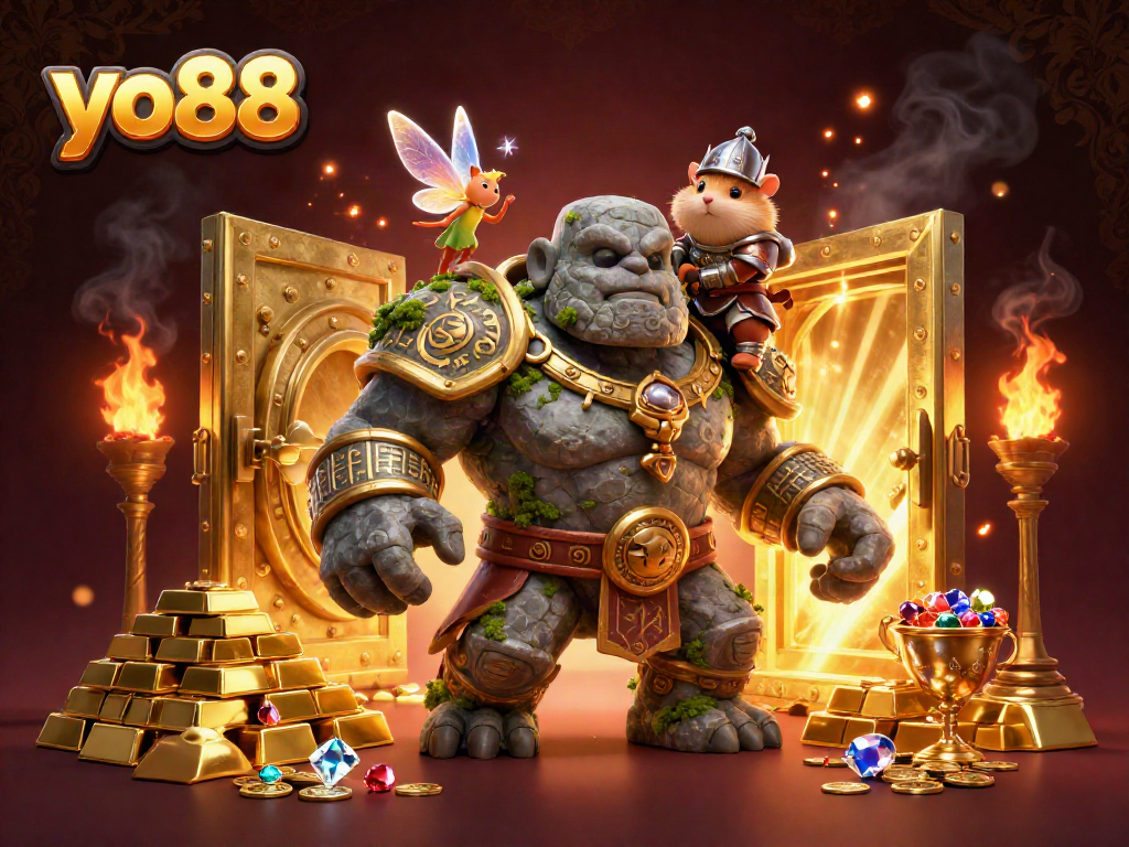 Experience excitement at yo88 with a lively 3D illustration of a stone golem, a fairy, and a hamster knight amidst casino treasures.
