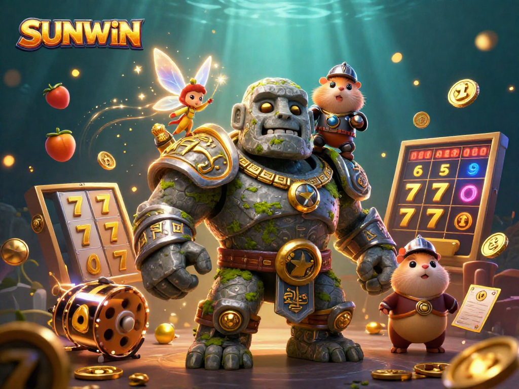 SUNWIN gaming scene with a stone golem, a fairy casting magic, and lucky slot machine elements creating a vibrant atmosphere.