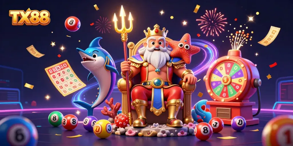 Engage with TX88 as Neptune rules a vibrant 3D casino scene filled with dynamic lottery elements