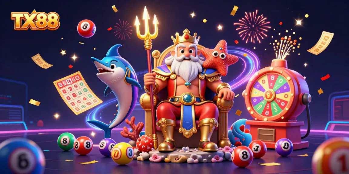 Engage with TX88 as Neptune rules a vibrant 3D casino scene filled with dynamic lottery elements
