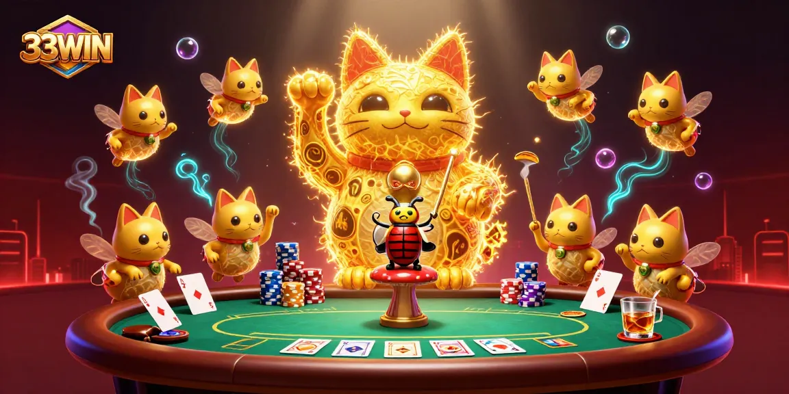 33WIN showcases a vibrant fun 3D illustration of a lucky cat and casino symbols, emphasizing gaming excitement.