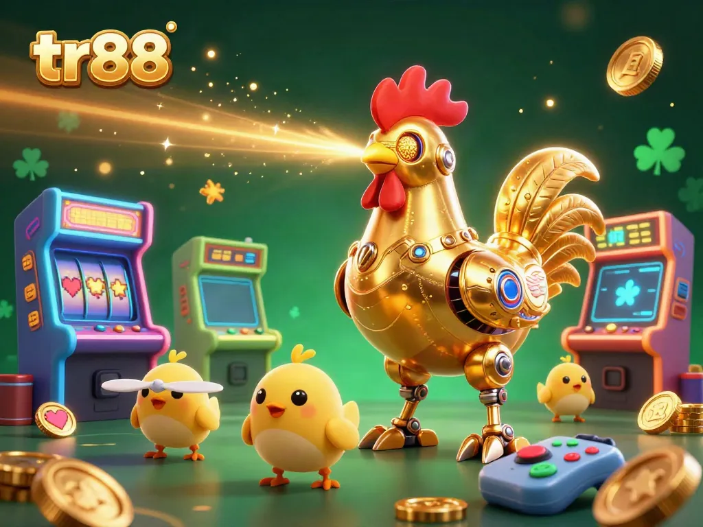Experience thrilling gameplay at tr88 with vibrant robots and engaging game elements in a dynamic digital illustration.