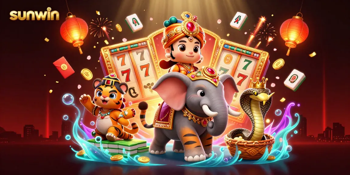 Sunwin's vibrant casino illustration showcases dynamic slot gameplay with engaging characters.
