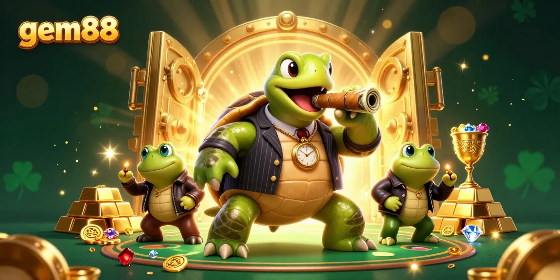 Experience the thrill at gem88 with a vibrant 3D casino scene featuring a snapping turtle mobster.