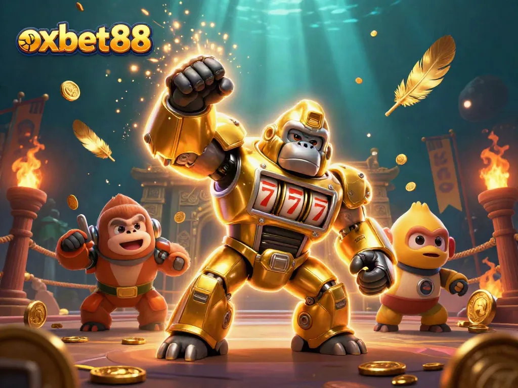 Enjoy thrilling action at oxbet88 with a dynamic 3D illustration featuring a golden gorilla mech and monkey pilot
