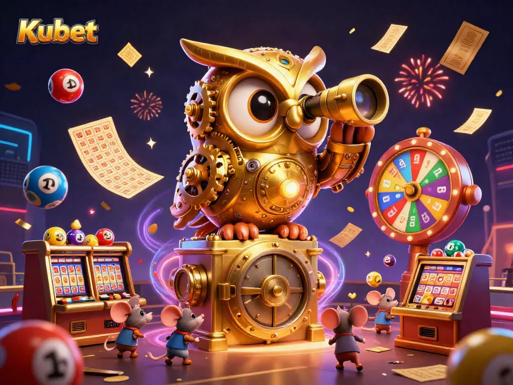Kubet's vibrant casino scene showcases a golden owl overseeing lively slot games and lottery elements.
