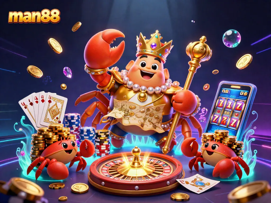 Experience man88 with a dynamic gaming scene featuring a golden crab emperor and lively casino elements.