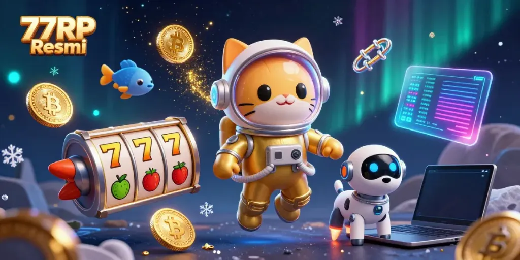 Engage with thrilling slots action featuring 77RP Resmi amidst a cosmic scene.