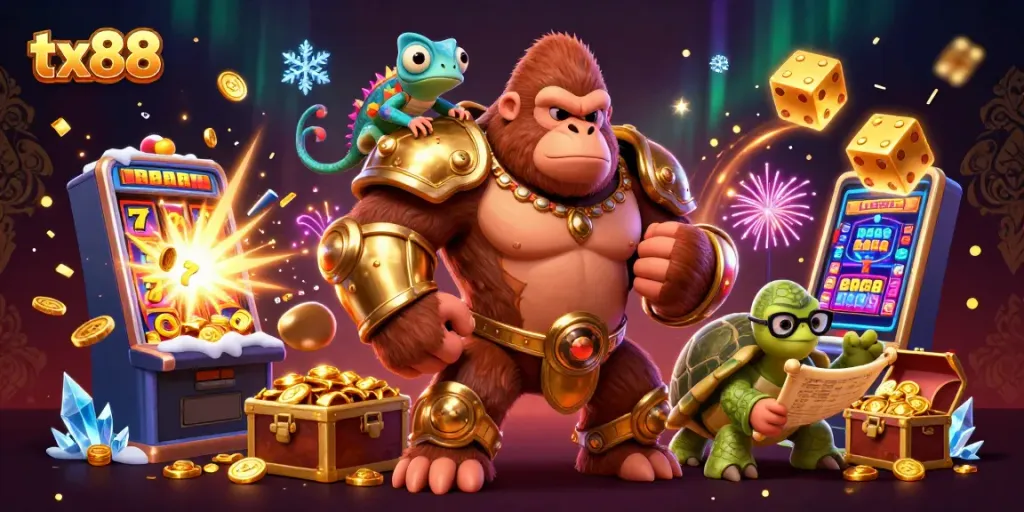 tx88 unveils a vibrant gaming world with a powerful gorilla king and colorful dynamic elements.
