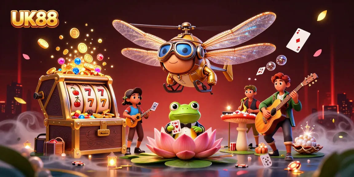 Experience UK88 casino excitement with the vibrant dragonfly pilot and frog croupier in an animated gaming scene.