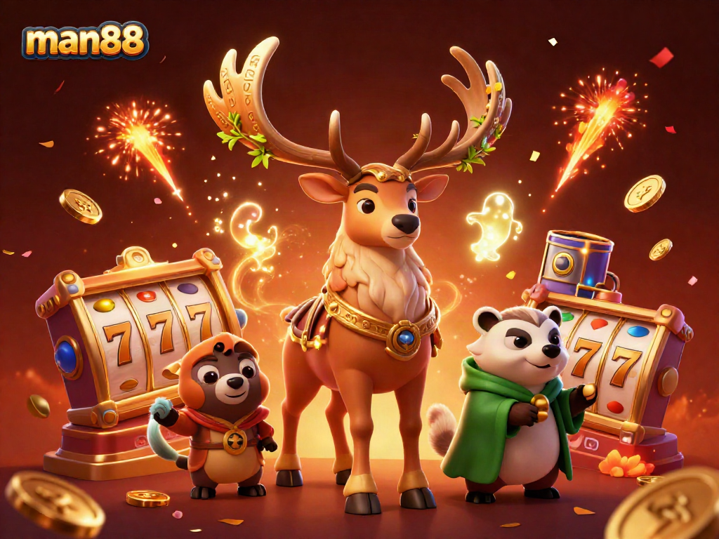 Experience man88's lively gaming atmosphere with glowing characters, floating slot reels, and festive elements.