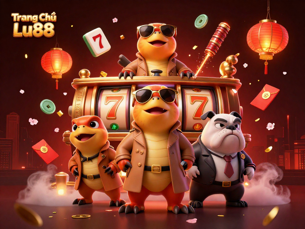 Experience thrilling fun at Trang Chủ Lu88 with animated raptors entering a casino lounge with vibrant decorations and elements.