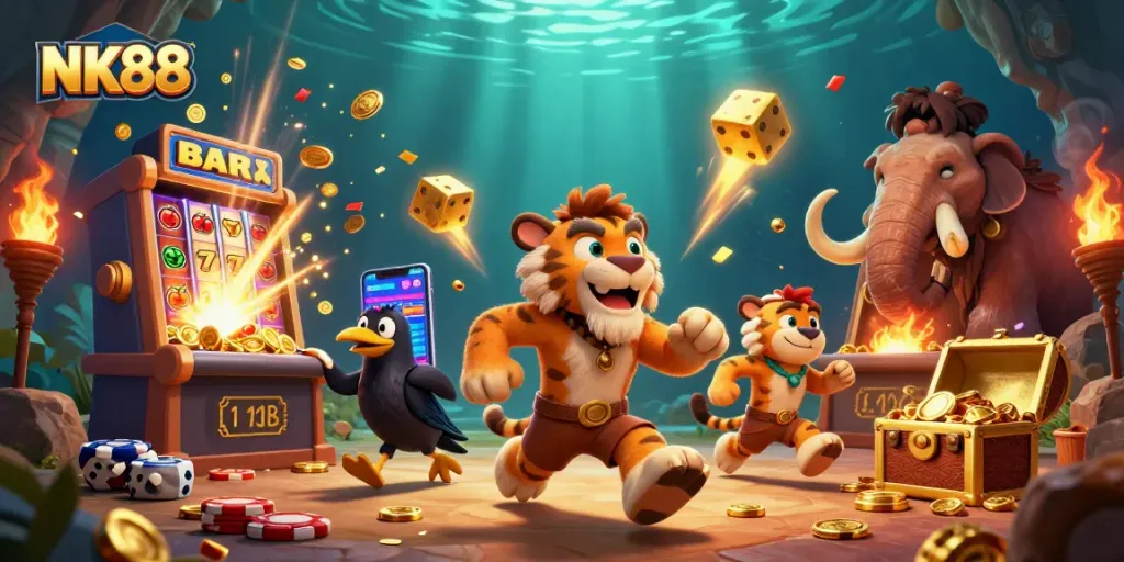Experience the thrill of NK88 with a lively prehistoric casino scene rich in vibrant game elements and characters.