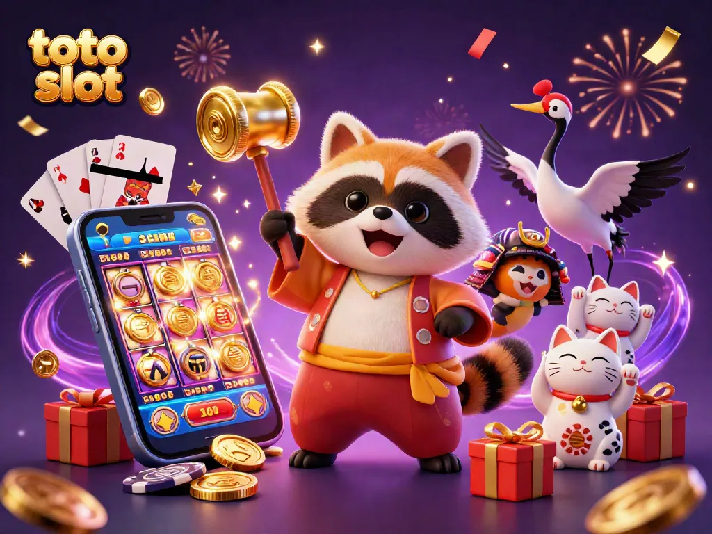 Engage with the exciting toto slot as the tanuki celebrates in a vibrant casino scene.