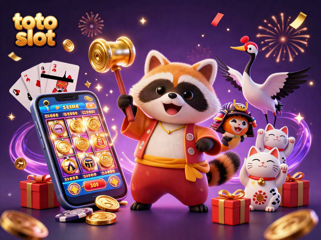 Engage with the exciting toto slot as the tanuki celebrates in a vibrant casino scene.
