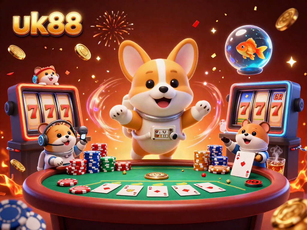 Experience excitement at uk88 with a lively casino scene featuring a floating corgi and immersive game elements.