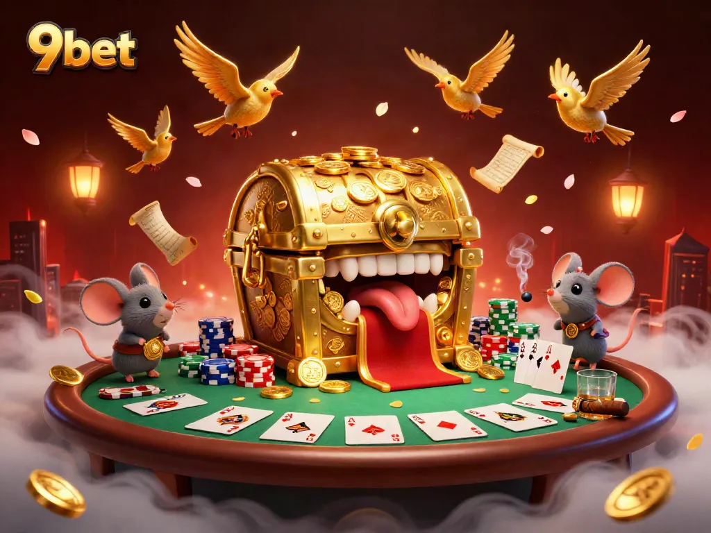 Bet big with 9bet at this visually stunning online casino illustration showcasing rich gaming elements.