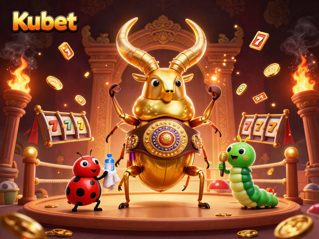 Kubet showcases a vibrant 3D battle scene with a golden stag beetle and casino elements, emphasizing thrilling gaming action.