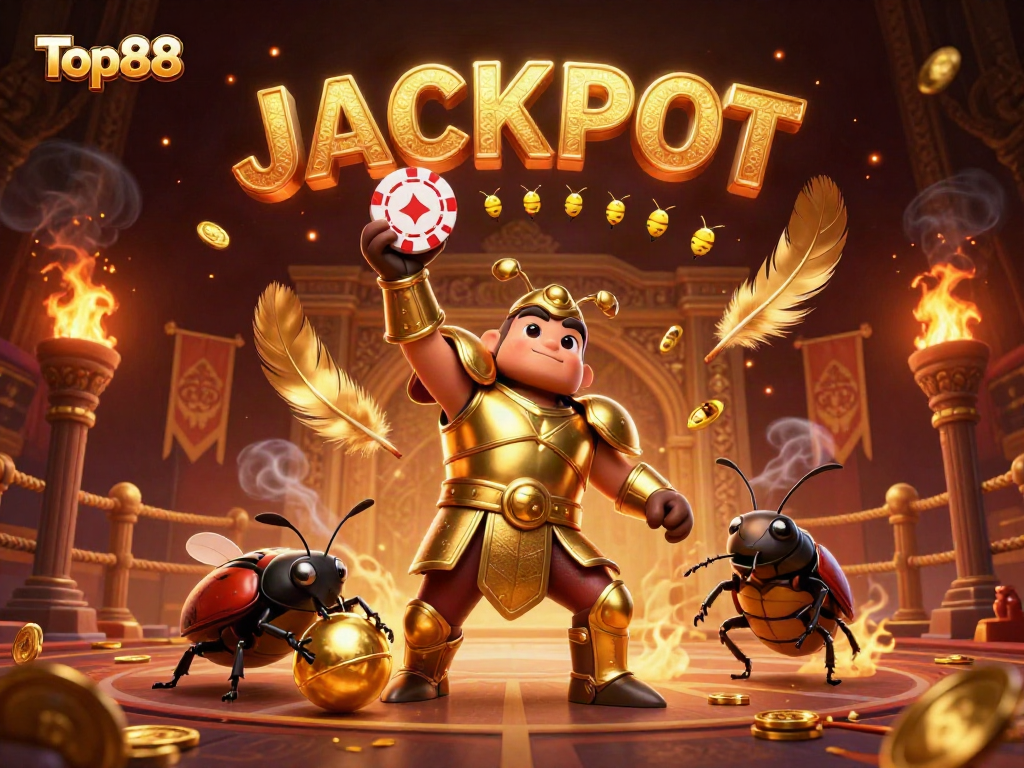 Top88 beetle champions celebrate a casino jackpot amidst dynamic gaming elements.