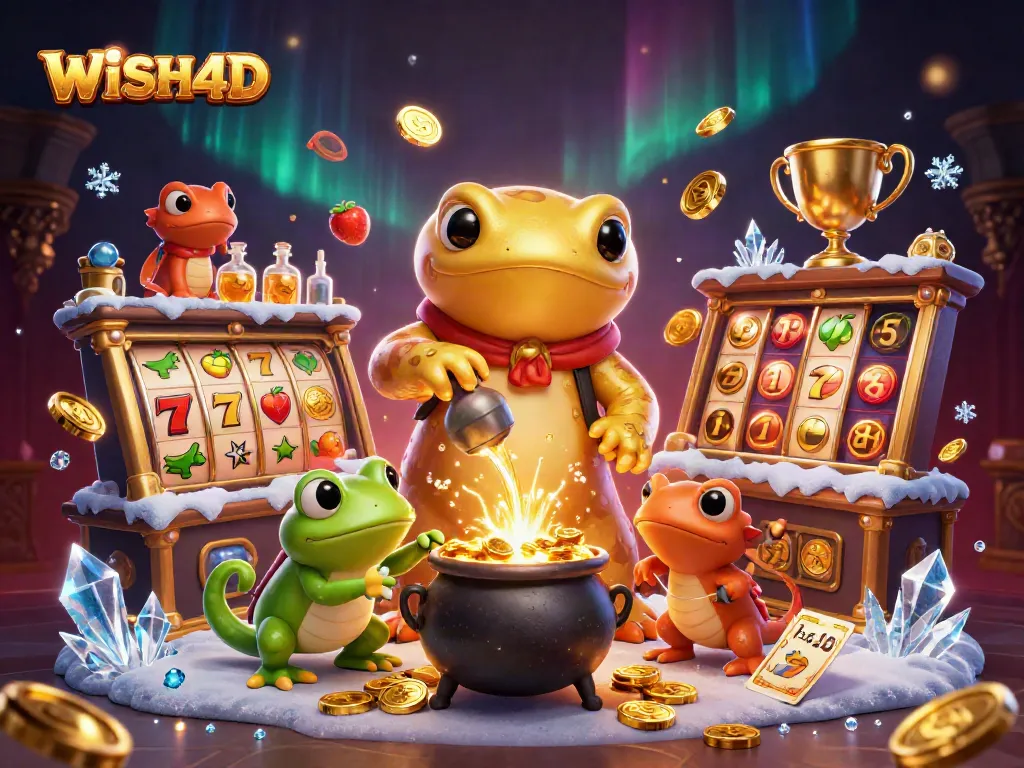 Experience the thrill of WISH4D with dynamic slot reels and gold coin animations in a vibrant casino setting.
