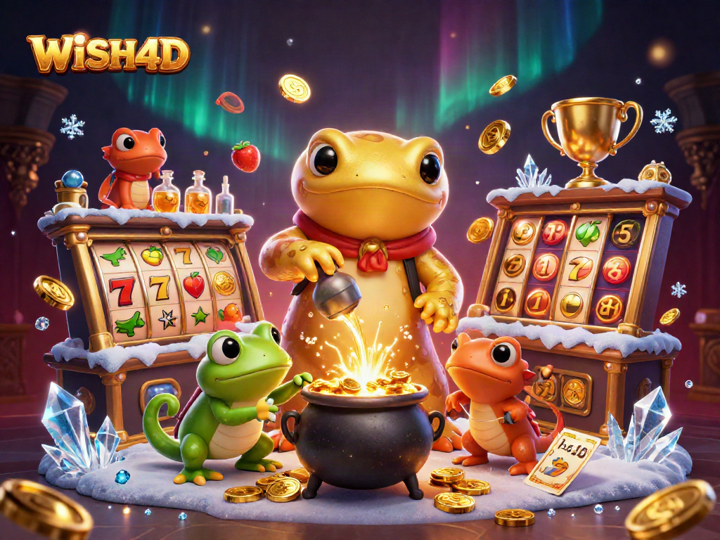 Experience the thrill of WISH4D with dynamic slot reels and gold coin animations in a vibrant casino setting.