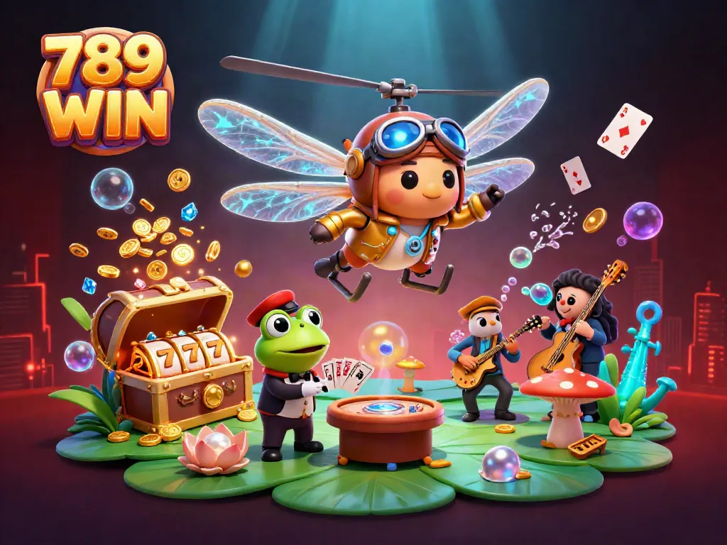 Experience thrilling gaming with 789 WIN at a lively lily pad casino led by a dragonfly pilot.