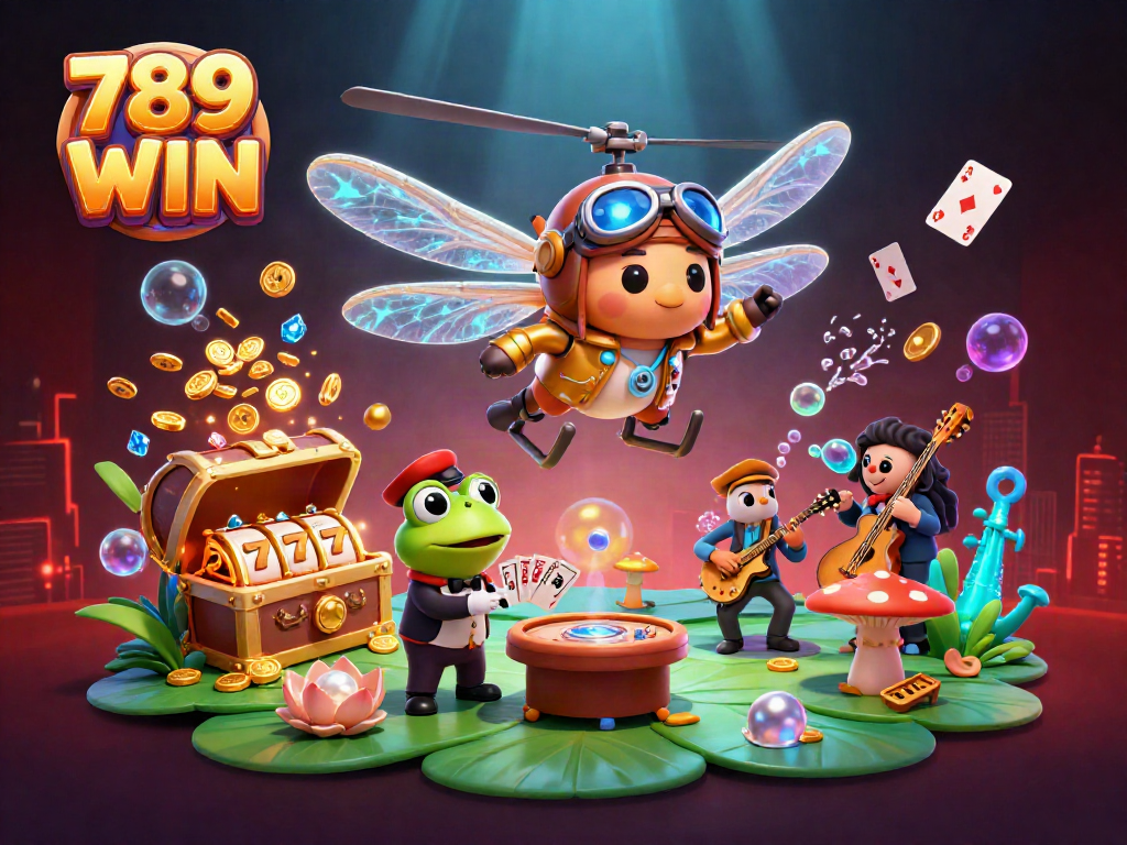 Experience thrilling gaming with 789 WIN at a lively lily pad casino led by a dragonfly pilot.