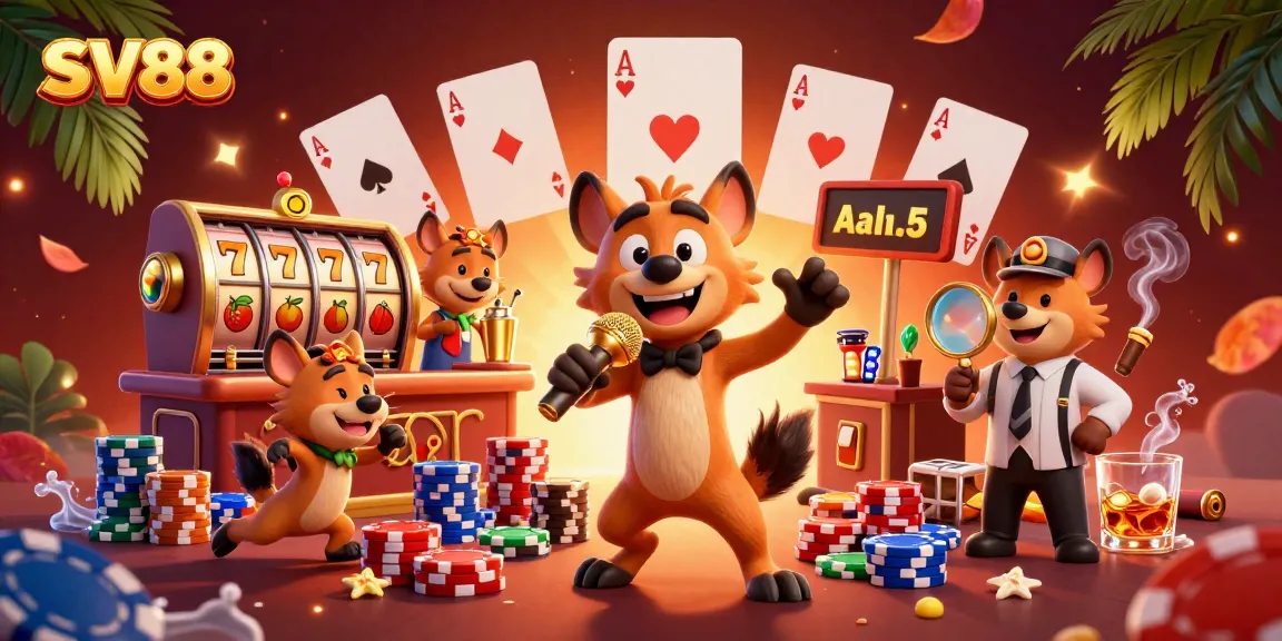 SV88 casino hyenas performing stand-up comedy, with colorful slot reels and poker chips.