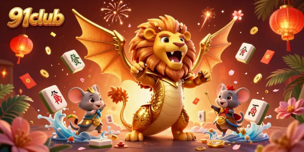 Experience thrilling gameplay with the 91club chimera creature surrounded by vibrant casino elements.