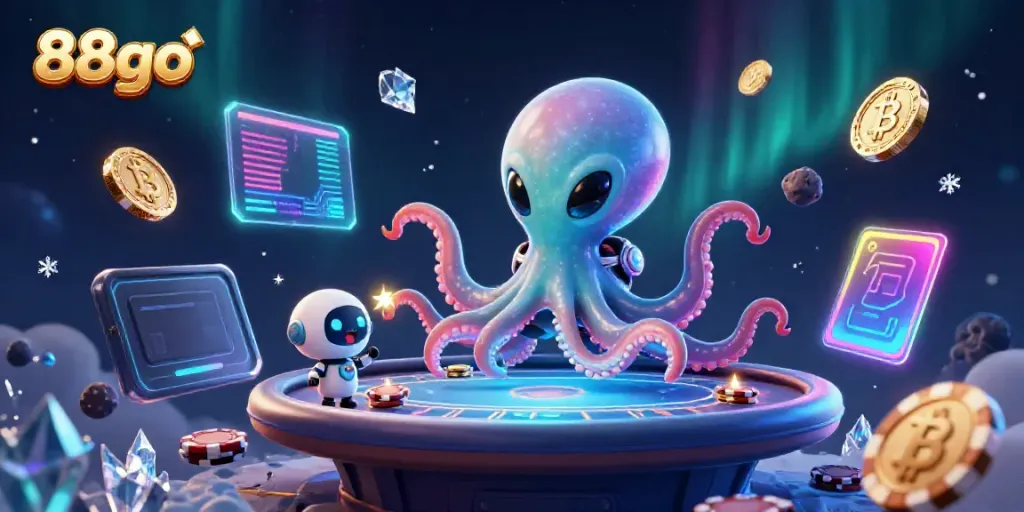 Engage with 88go in a vibrant, exciting casino scene featuring an alien octopus and poker table.