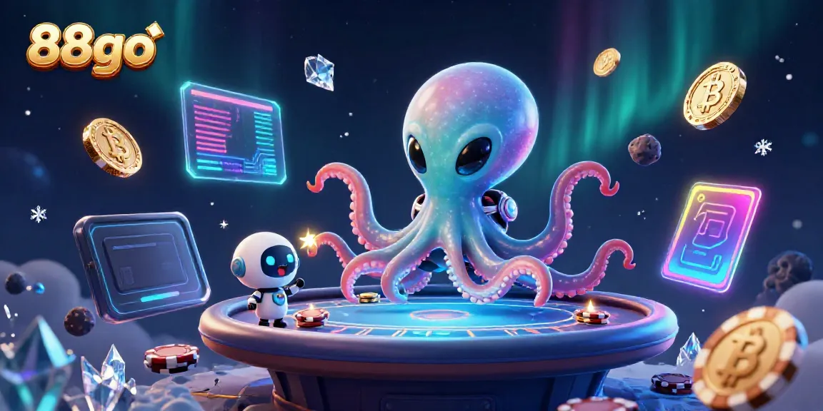 Engage with 88go in a vibrant, exciting casino scene featuring an alien octopus and poker table.