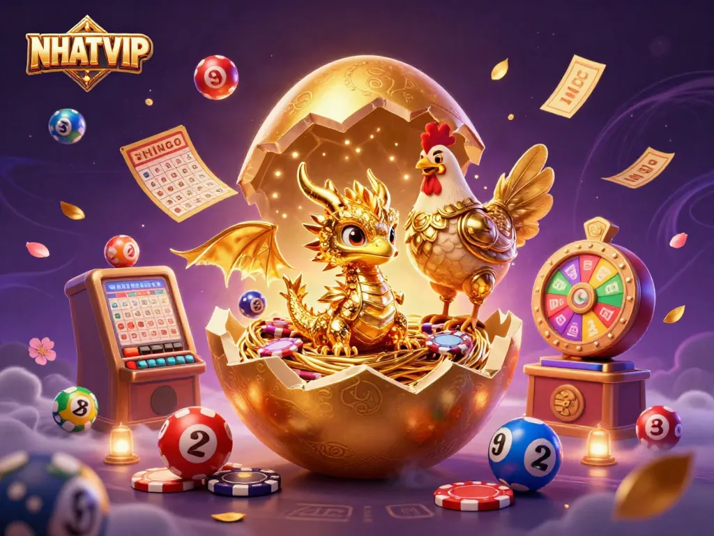 Experience the excitement of NHATVIP with a golden dragon and festive casino elements in an enchanting scene.