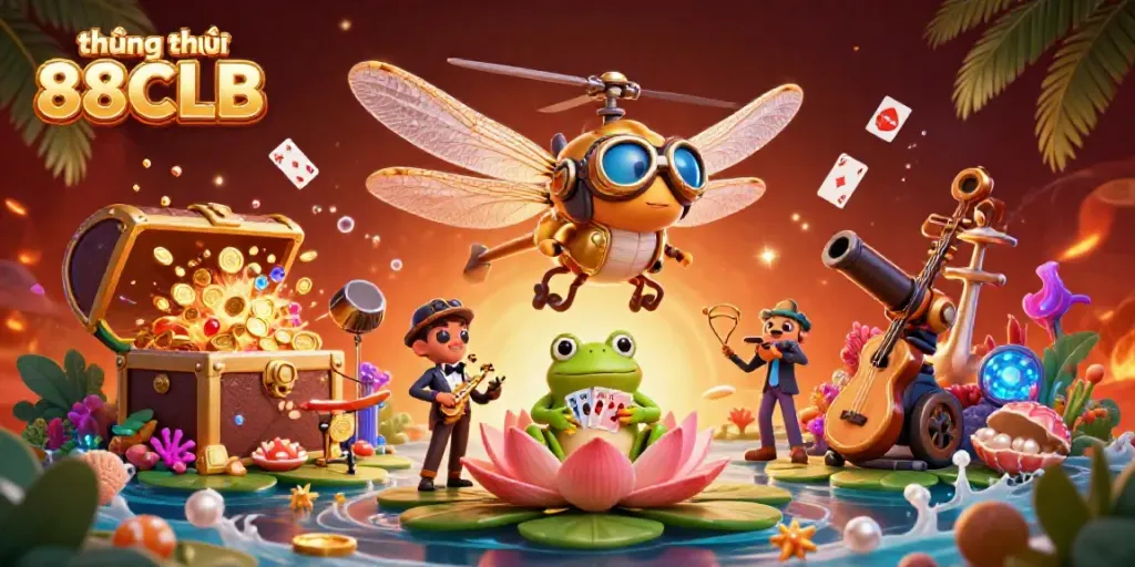 Engaging scene of thương hiệu 88CLB with a dragonfly pilot, frog croupier, and jazz-playing crickets in a lively casino setting.