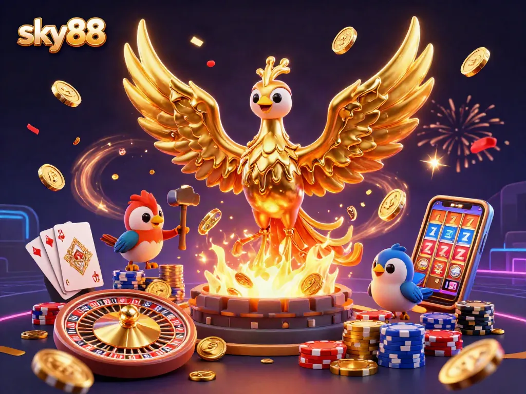 Experience thrilling gameplay at sky88 with a golden phoenix surrounded by lively casino elements.