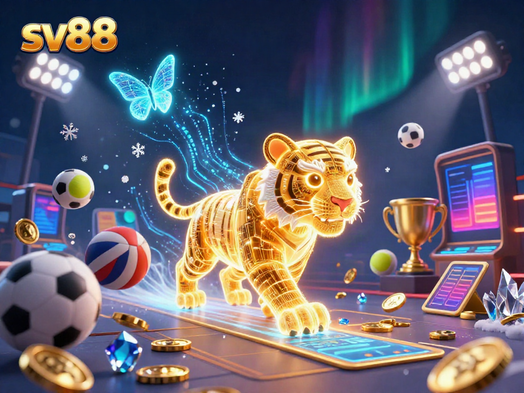 Experience the thrill of sv88 with a golden tiger in a vibrant digital casino landscape, surrounded by dynamic sports elements.