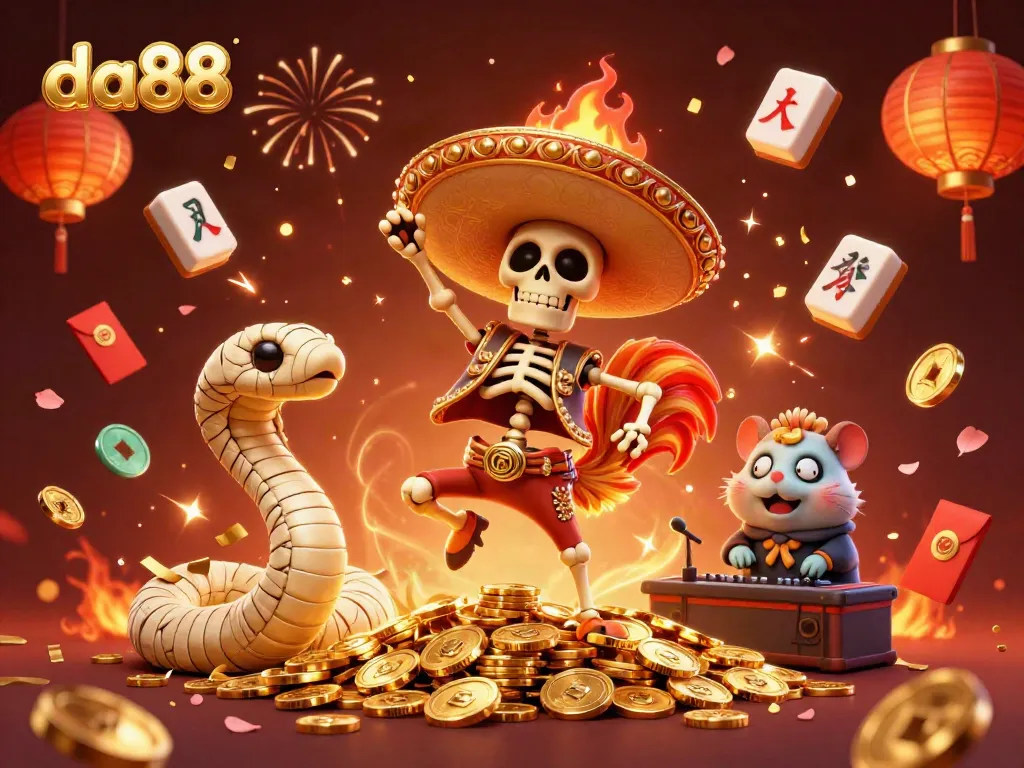 Experience thrilling wins at da88 with festive casino characters amidst lucky symbols and vibrant colors.
