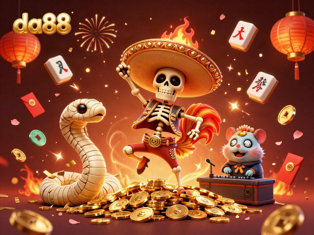 Experience thrilling wins at da88 with festive casino characters amidst lucky symbols and vibrant colors.