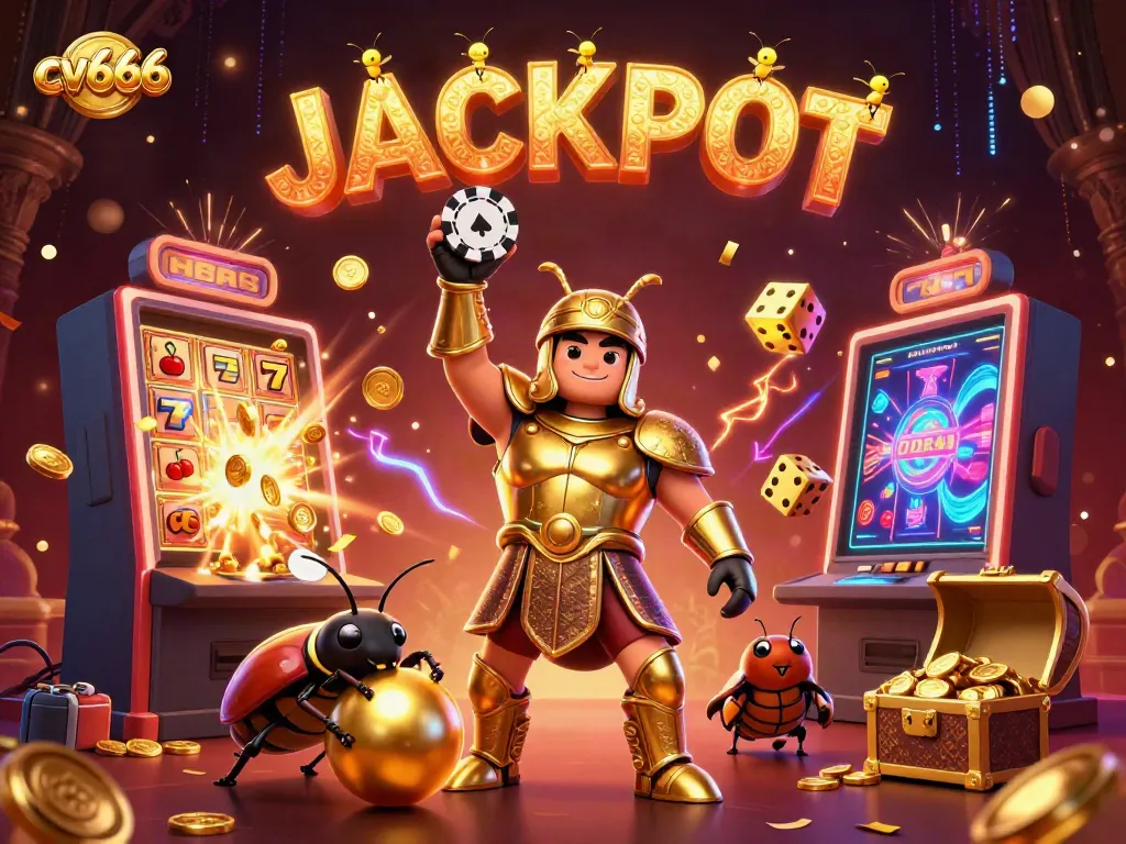Celebrate winnings at CV666 with a jubilant scene featuring a heroic beetle and casino game excitement.