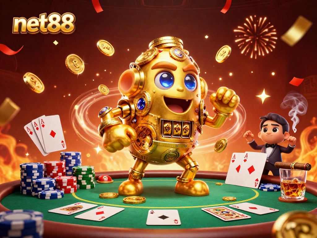 net88 golem surrounded by vibrant poker elements and energetic casino atmosphere