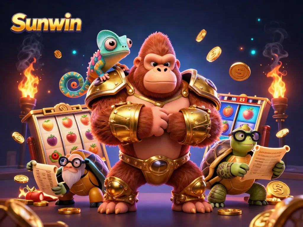 Experience the thrill of Sunwin with a powerful gorilla king, chameleon spy, and wise tortoise in a vibrant casino.