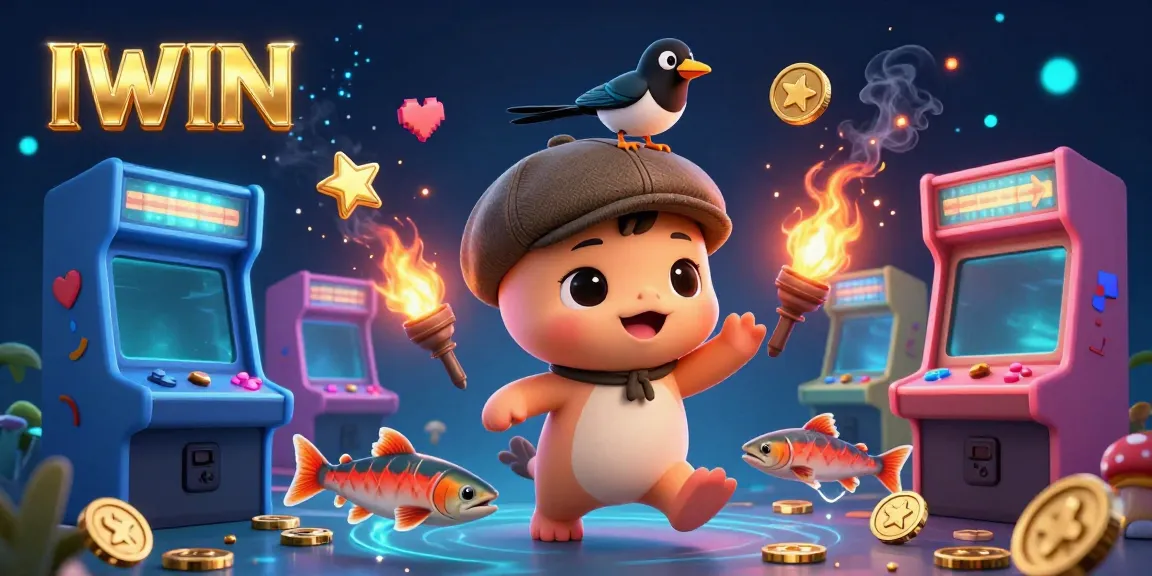 IWIN showcases an entertaining 3D scene featuring a playful baby Nessie and her gold-mania magpie amidst vibrant arcade and casino elements.