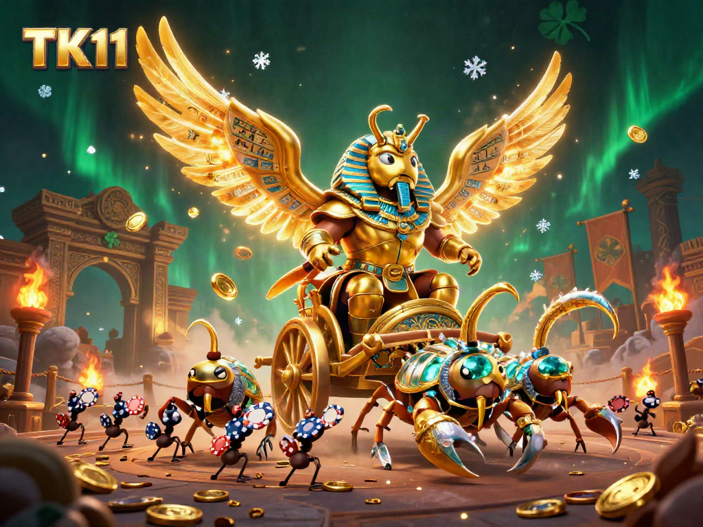 Engage with TK11's dynamic betting experience, featuring a colossal scarab beetle and exciting casino elements.