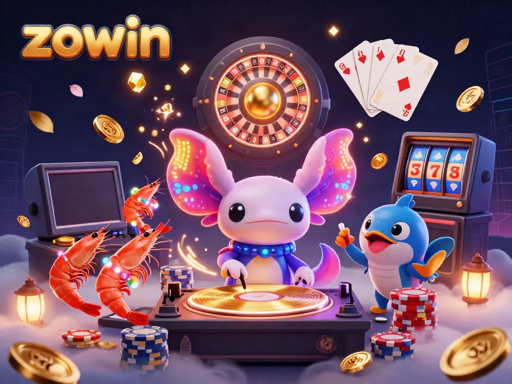 Zowin's vibrant casino scene with an axolotl DJ and lively gaming elements, enhancing the online casino experience.