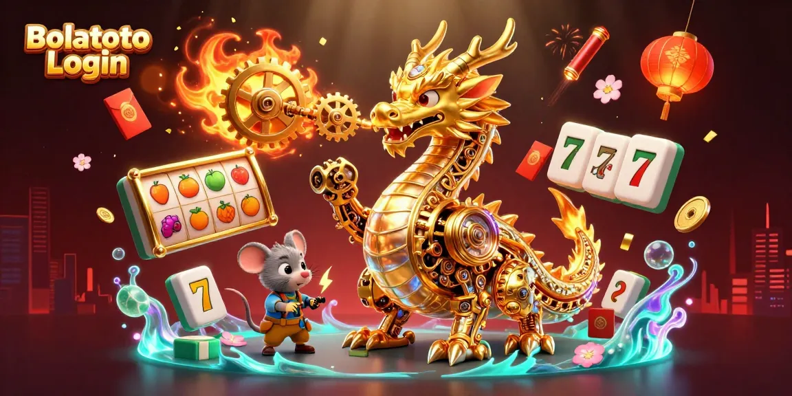 Engage with the Bolatoto Login experience, featuring dynamic 3D slots alongside a golden dragon in action.