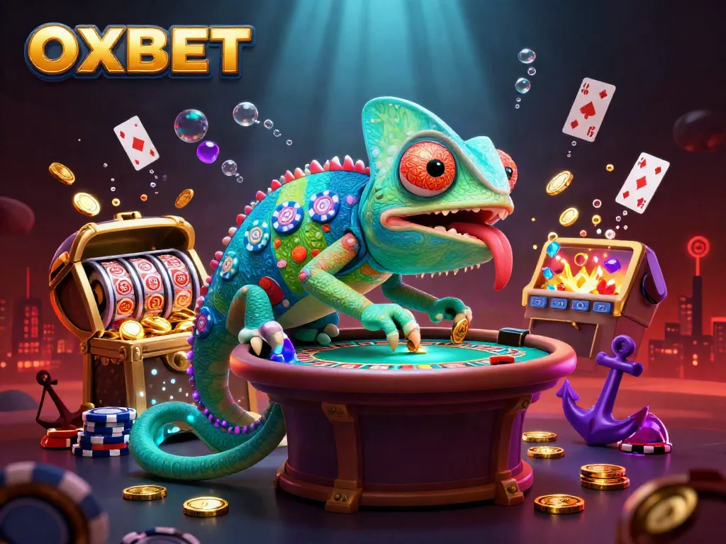 Experience the vibrant world of OXBET with a colorful chameleon casino owner capturing golden coins in a lively gambling scene.