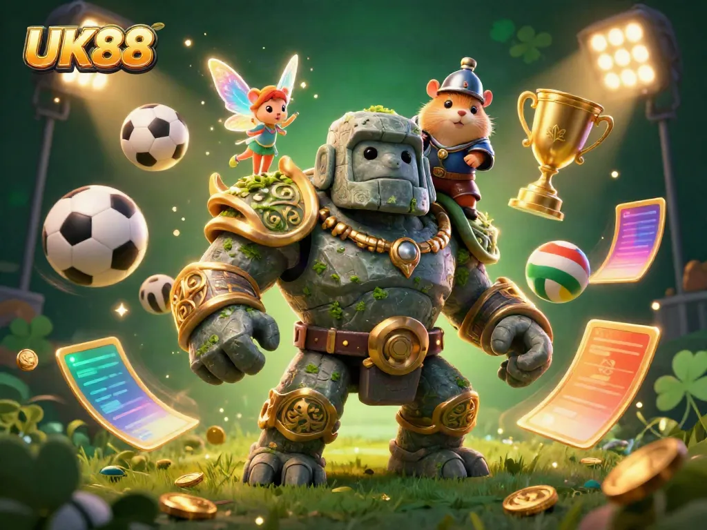 UK88 sports betting scene with a whimsical golem, fairy, and hamster knight celebrating victory amidst energetic elements.